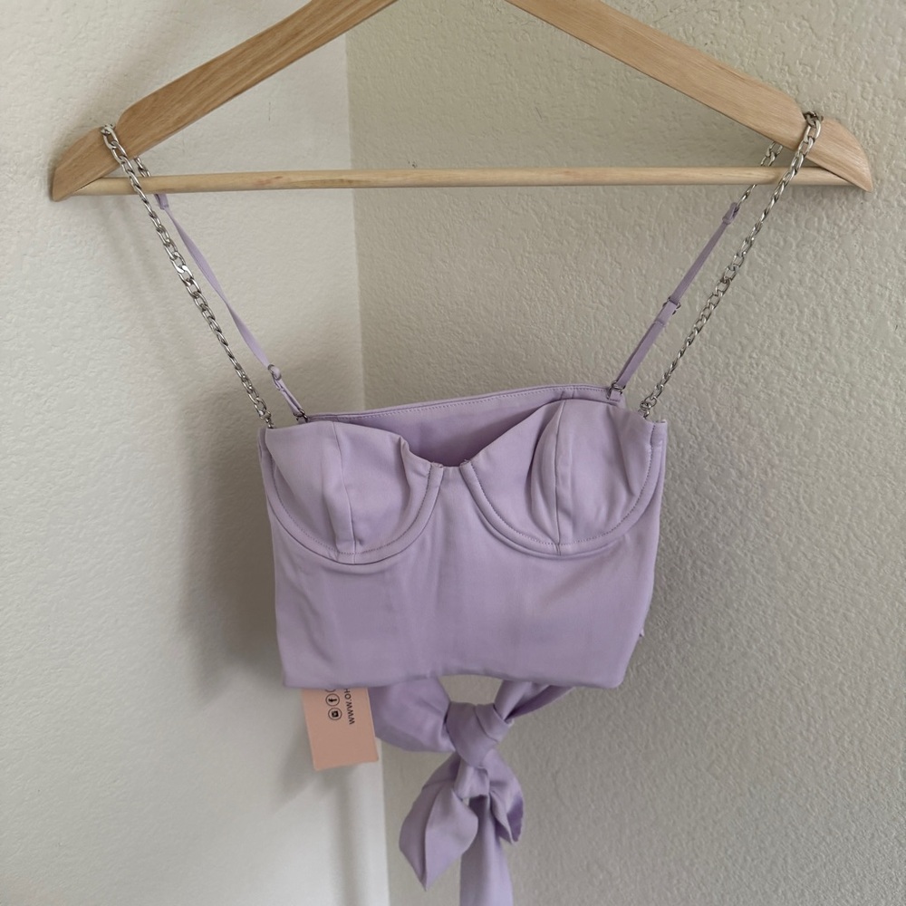 NWT OH POLLY Lilac purple Chain Strap Crop Top bustier bow tie size 0 - Picture 3 of 9